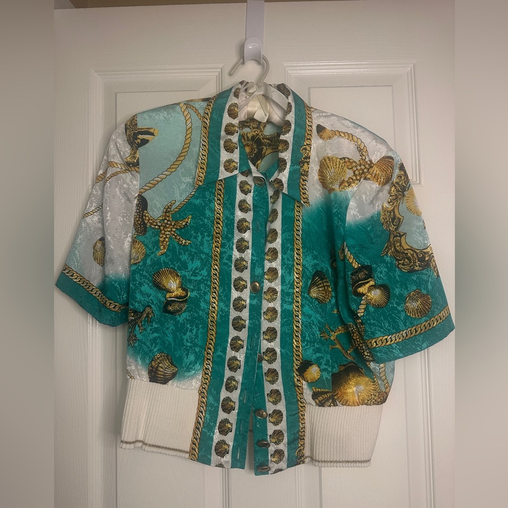 Caron Petite Teal and Gold Patterned Shirt - Size 10